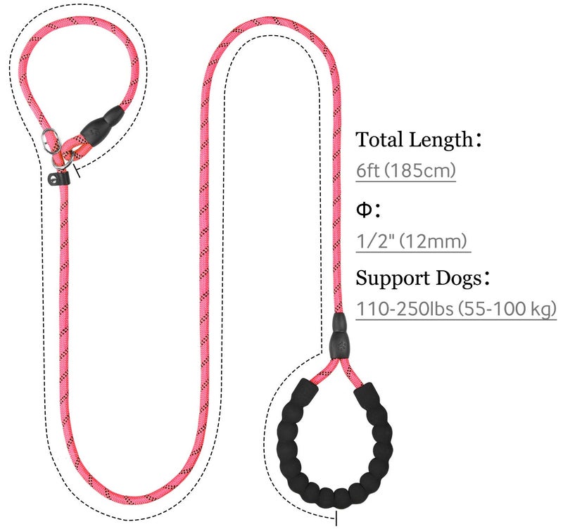 TagME Slip Leads for Dogs, 6 FT Heavy Duty Slip Leash with Padded Handle, Strong Rope No Pull Pet Training Leash for Large Dogs,Pink - Image 2